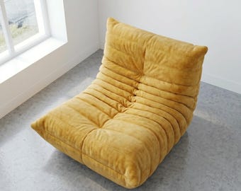 Sillón de suelo capitoné color amarillo mostaza / Asientos de salón de estilo moderno de mediados de siglo