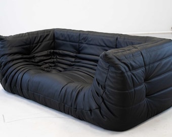 Vintage Togo 2-Seater Sofa – Black Leather, Michel Ducaroy, 1970s French Design