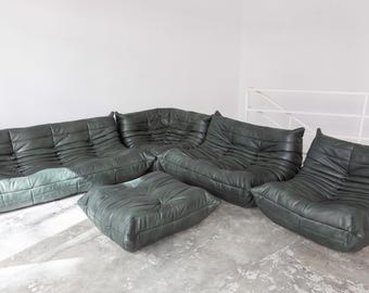 Dark Green Togo Style Modular Sectional Sofa – Mid Century 70s Leather Lounge Seating