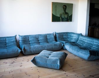 Vintage Togo soffgrupp – Blå sammetsmodulsoffa, 5-delad fransk design