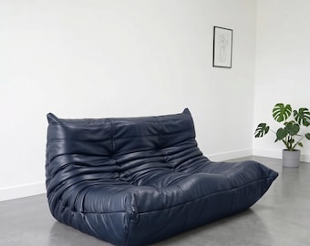 Dark Blue Leather Floor Sofa: Mid-Century Modern, 70s Retro Lounge Chair