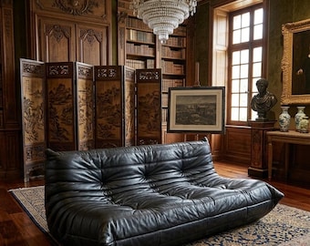 Vintage Ligne Roset Togo 3-Seater Sofa – Black Leather, Iconic French Design