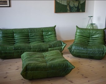 Conjunto de sofás Ligne Roset Togo: Sofá modular de 3 piezas en piel verde