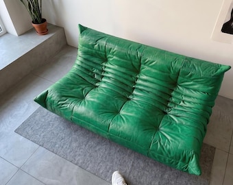 Vibrant Green Leather Togo Style Sofa | Mid-Century Modern Modular Couch