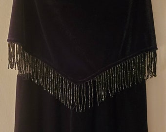 Vintage Black Velvet Floor Length Dress with Nylon insert and Fringes. Size 9/10.