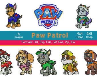 8 Paw Patrol Embroidery Machine Designs, 4 Inch Hoop, Chase, Skye, Zuma, Rubble, Marshal, Instant Download
