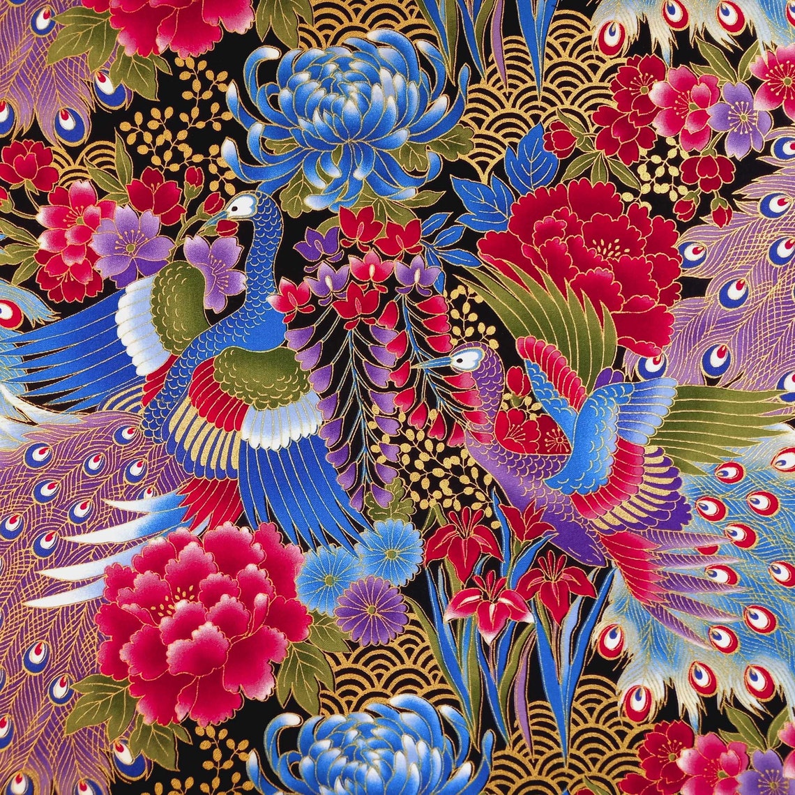 Japanese Fabric by the Yard Flower Peacock Bird Etsy