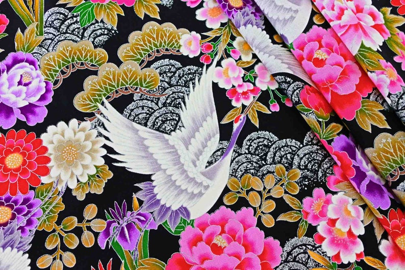 Black flower fabric by the meter 1 meter Japanese silver flower fabric Asian bird flower fabric crane bird