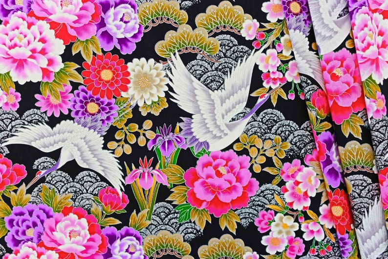 Black flower fabric by the meter 1 meter Japanese silver flower fabric Asian bird flower fabric crane bird