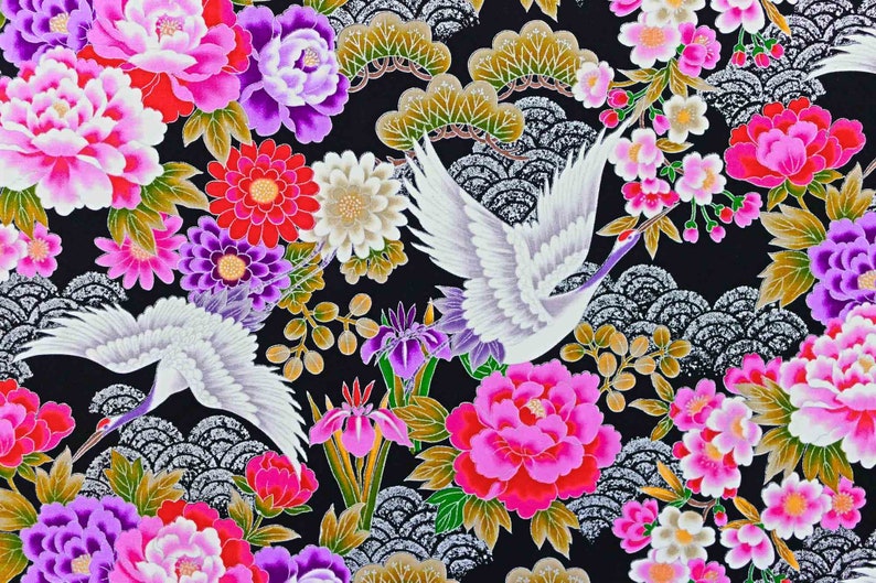 Black flower fabric by the meter 1 meter Japanese silver flower fabric Asian bird flower fabric crane bird