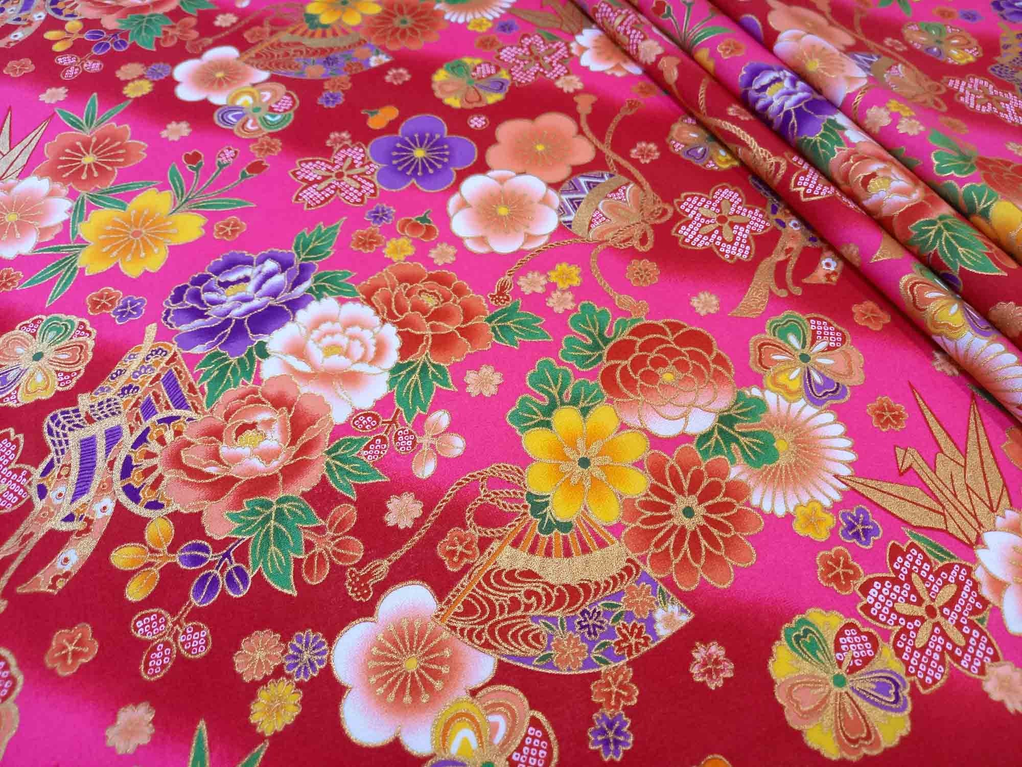 Japanese Fabric by the yard pink flower gold Asian pattern Etsy