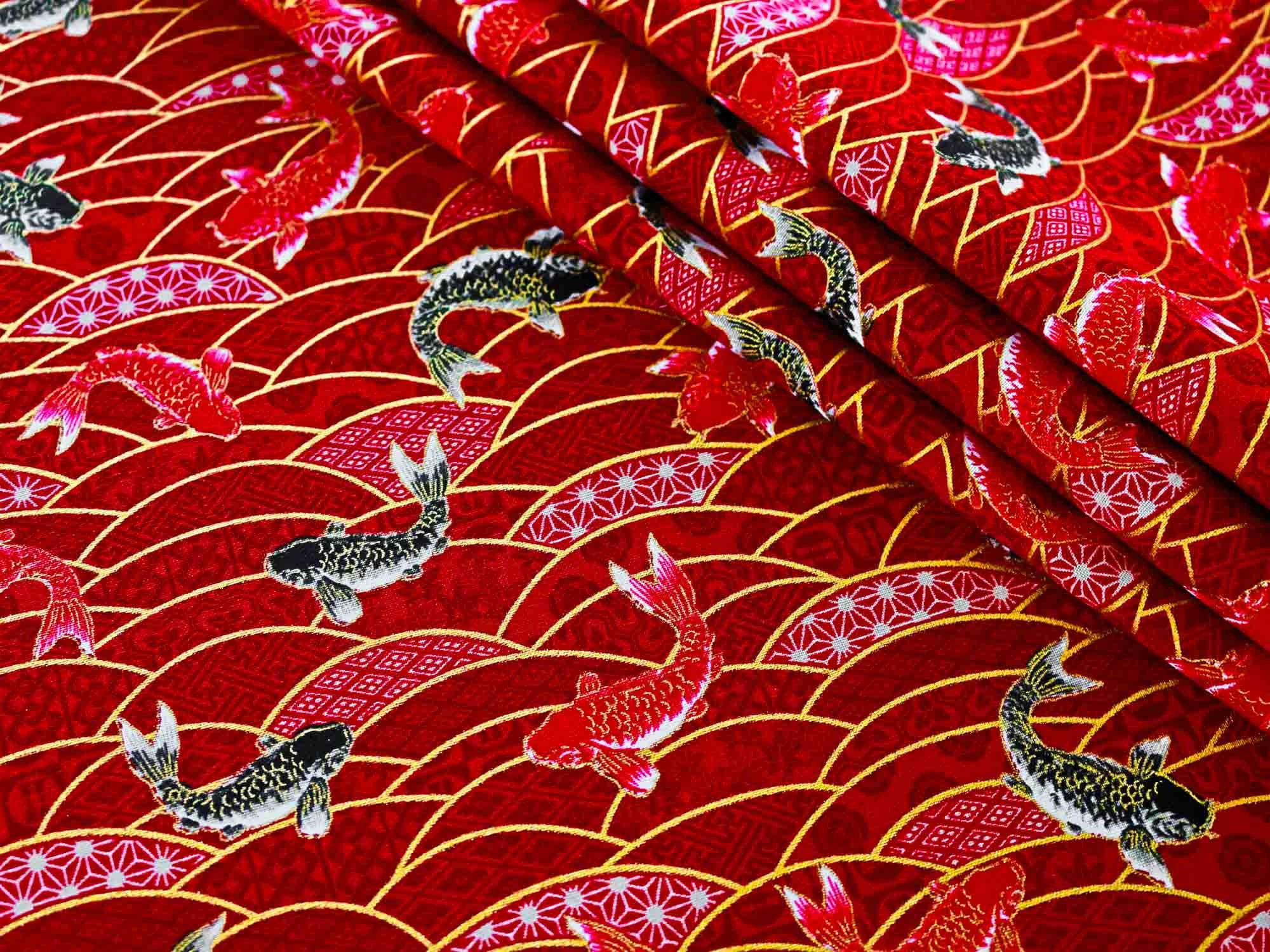 Red Japanese fabric by the meter yard koi carp fish pattern Etsy