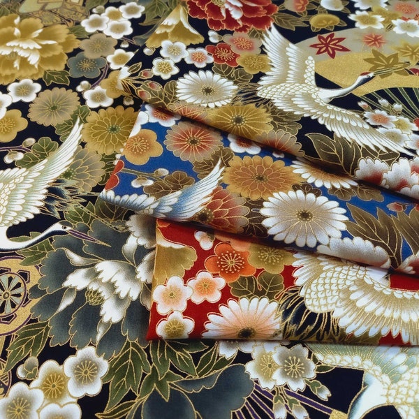 Japanese Fabric by the Meter - Floral Japanese Fabric - Asian Fabric by the yard - Bird, crane, fan, gilding