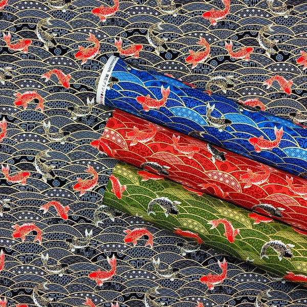 Tissu Japonais au Mètre - Tissu motif poisson - Tissu poisson rouge - poisson Carpe koï