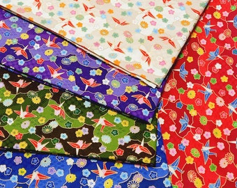 Japanese Fabric by the Meter - Floral Japanese Fabric - Asian Fabric by the yard - Bird, crane, origami