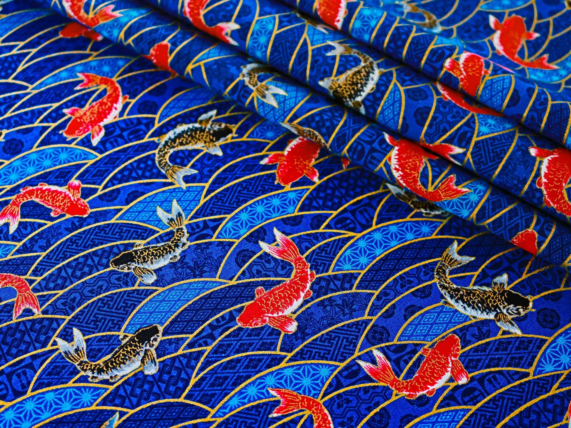 Blue fabric by the meter yard Japanese fish pattern koi carp Etsy
