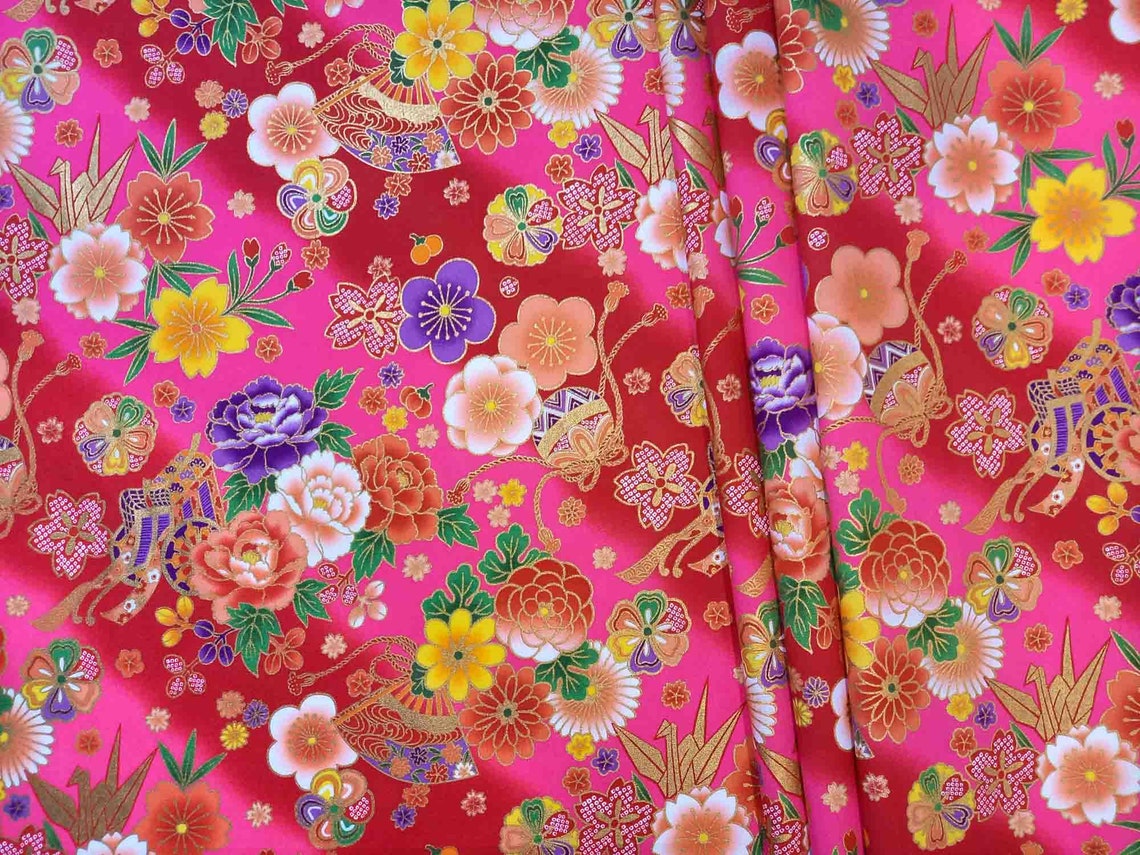 Japanese Fabric by the yard pink flower gold Asian pattern Etsy