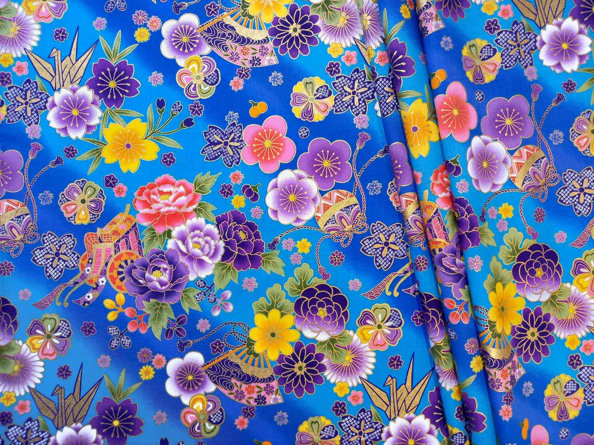Japanese fabric by the meter yard turquoise blue flowers and Etsy