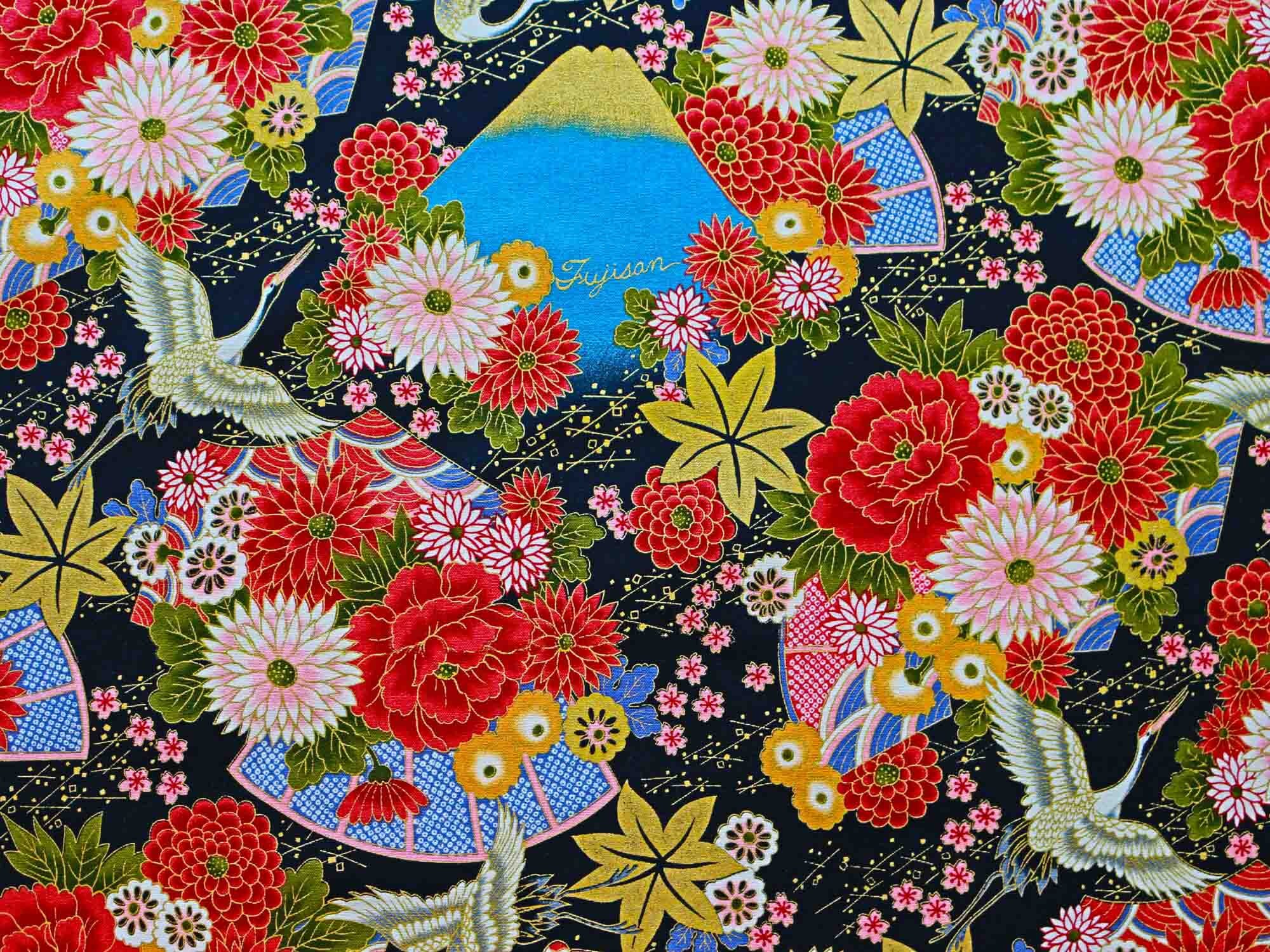 Japanese fabric by the yard Meter black in flower bird Crane Etsy