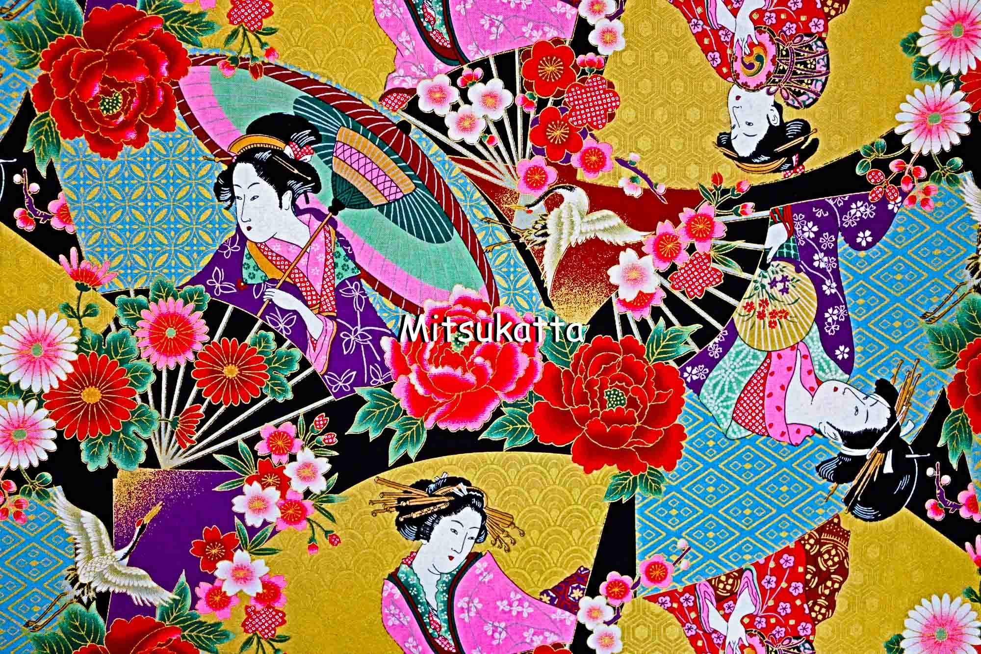 Geisha japanese fabric by the yard meter green gold fabric Etsy