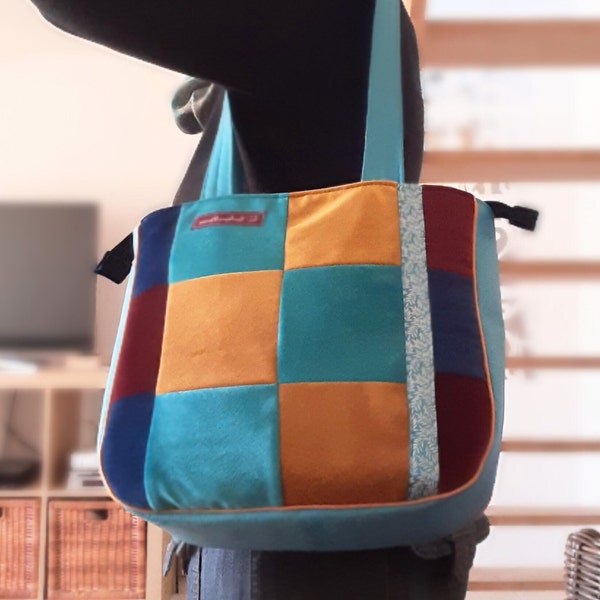 Sac porté épaule en tissu velours multicolore, sac cabas zippé simili cuir, sac fourre-tout bleu turquoise, pochette assortie