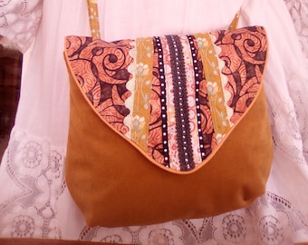 Women's shoulder bag in mustard yellow velvet fabric, small boho chic shoulder bag, small colorful flap bag, patchwork bag