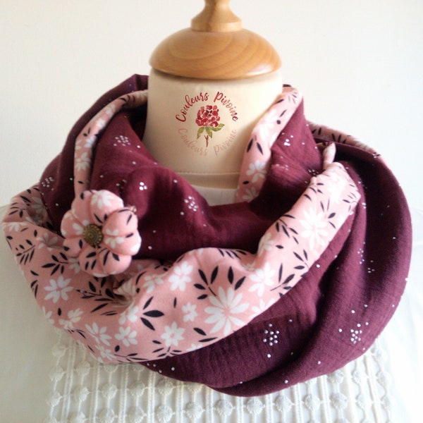 Snood femme et broche fleur, double tour de cou bohème, écharpe infinie souple et légère motif fleurs, snood Couleurs pivoine