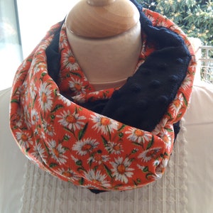 Women's double wrap snood, daisy pattern on an orange background, trendy tube scarf, black polar and viscose infinity scarf, neck warmer