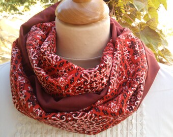 Women's scarf in viscose fabric, light red and black necklace, boho half season snood, colorful women's scarf