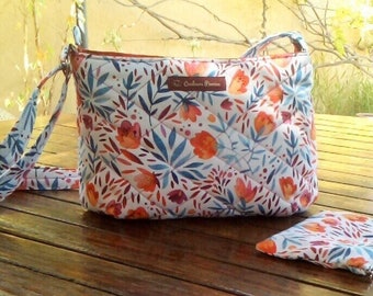 Women's shoulder bag in floral fabric, multicolored zipped handbag, matching bag and pouch