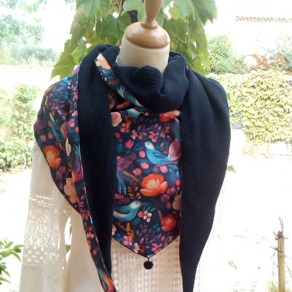 Chèche femme en coton et double gaze, grand foulard triangle, écharpe femme colorée