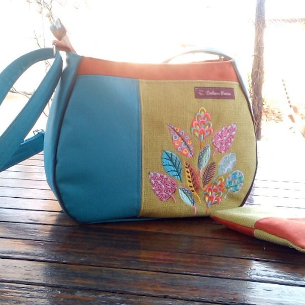 Sac bandoulière en simili cuir bleu turquoise, sac bandoulière en toile vert pomme, sac bandoulière brodé feuilles multicolores