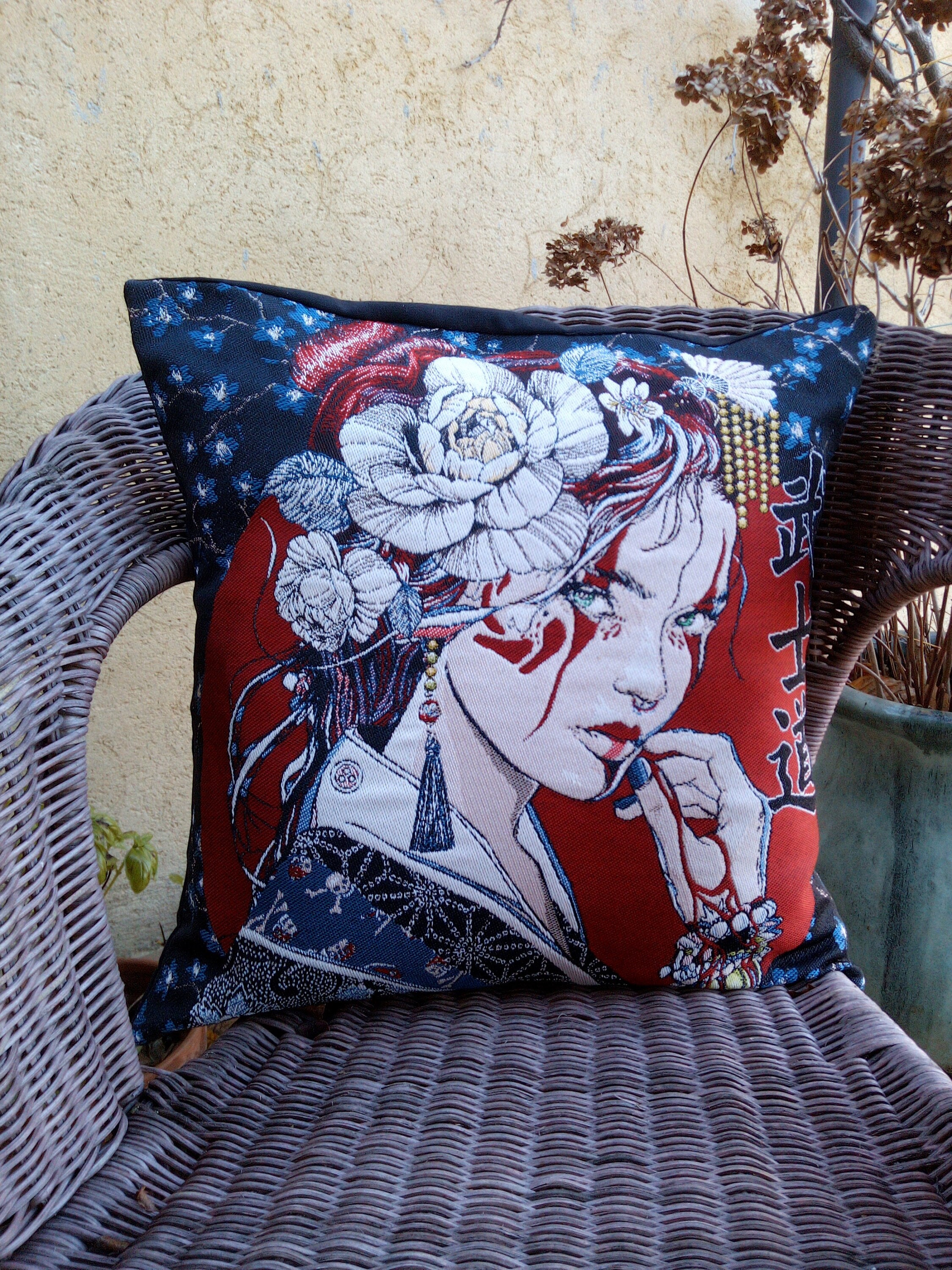 Coussin Tissu Japonais, Housse de Coussin Motif Femme Japonaise , Grande , Japonisante