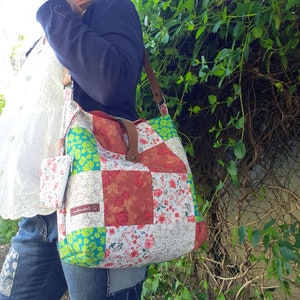 Sac fourre-tout femme patchwork, sac tissu fleuri, sac fleurs japonaises,sac fait main Couleurs Pivoine