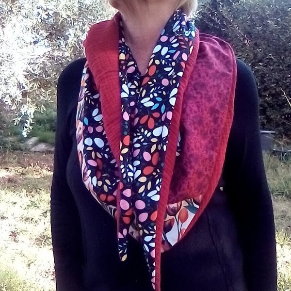 Chèche femme en tissu coton et double gaze, grand foulard triangle,  écharpe femme colorée