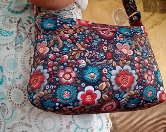 Sac bandoulière femme en tissu fleuri, sac à main zippé bleu motif floral,sac et pochette assortie
