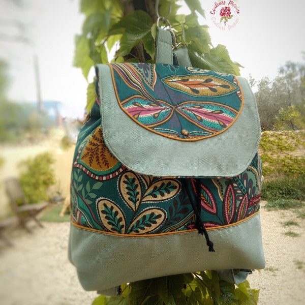 Sac à dos femme en toile multicolore, sac à dos toile motif feuillage, sac à dos toile vert émeraude,sac fait main unique