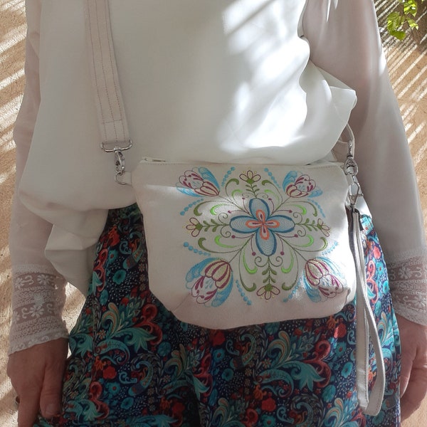 Small modular shoulder bag, belt bag, hand clutch, ivory shoulder bag embroidered multicolored flowers