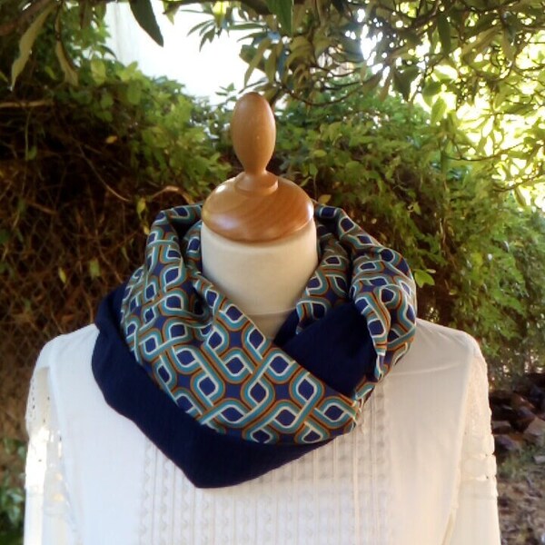 Foulard femme double tour,snood double en tissu vintage et double gaze bleu marine,tour de cou double coloré