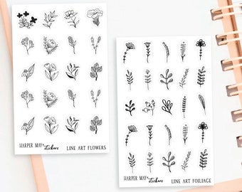 Foiled Line Art Flower Stickers | Flower Planner Stickers, Decorative Planner Stickers, Bullet Planner, ECLP, Erin Condren