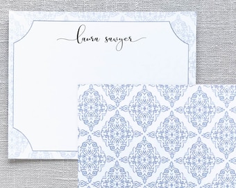 Stationery set personalized note cards with blue cards damask stationary cards Set of 10 modern - DS02