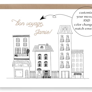 Bon voyage card, best wishes card, good luck personalized card with hand drawn french building