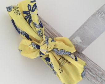 Headband en jersey à nouer pour bébé, enfant, adulte jaune à fleurs