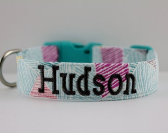 Teal Colorblock Geo Collar, Geometric Dog Collar, Custom Collar, Personalized Dog Collar, Embroidered Collar, Dog Collar, Boy Dog Collar