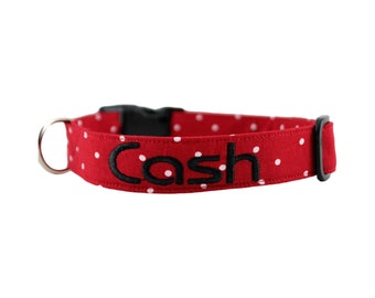 Red & White Polka Dot Collar, Red Dog Collar, Polka Dot Collar, Dot Dog Collar, Embroidered Collar, Custom Collar, Personalized Dog Collar