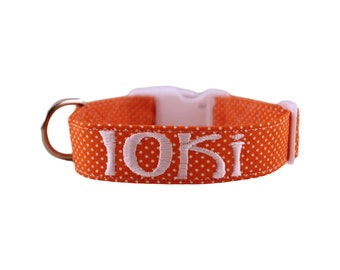 Orange & White Polka Dot Collar, Orange Dog Collar, Polka Dot Collar, Dot Dog Collar, Embroidered Collar, Custom Collar, Personalized Collar