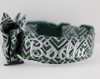 Dark Green Gray and Navy Geo Collar, Geometric Dog Collar, Custom Collar, Personalized Dog Collar, Embroidered Collar, Dog Collar, Collar