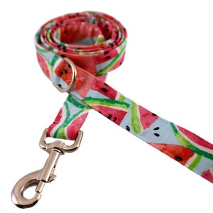 May include: A watermelon-patterned dog leash with a silver clip. The leash is made of fabric and has a blue background with red and green watermelon slices.