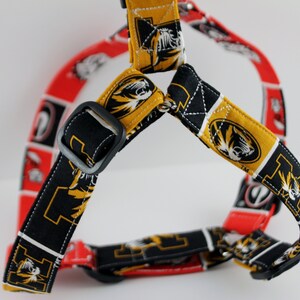 Pu&ograve; includere: Un'imbracatura per cani con un motivo ripetuto in nero, oro e rosso. L'imbracatura ha cinghie regolabili e una fibbia nera. Il design del tessuto include un logo di tigre e altre grafiche.