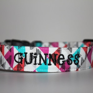 Pink White Black Teal Coral Geo Collar, Pink Dog Collar, Geo Collar, Custom Personalized Collar, Embroidered Dog Collar, Dog Collar, Collar